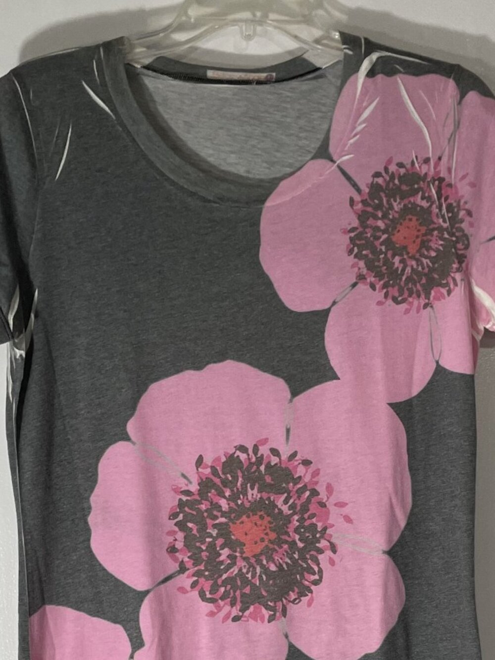 Before & Again Womenโs Pink Gray Short Sleeve Nightgown Size Large Calf Length